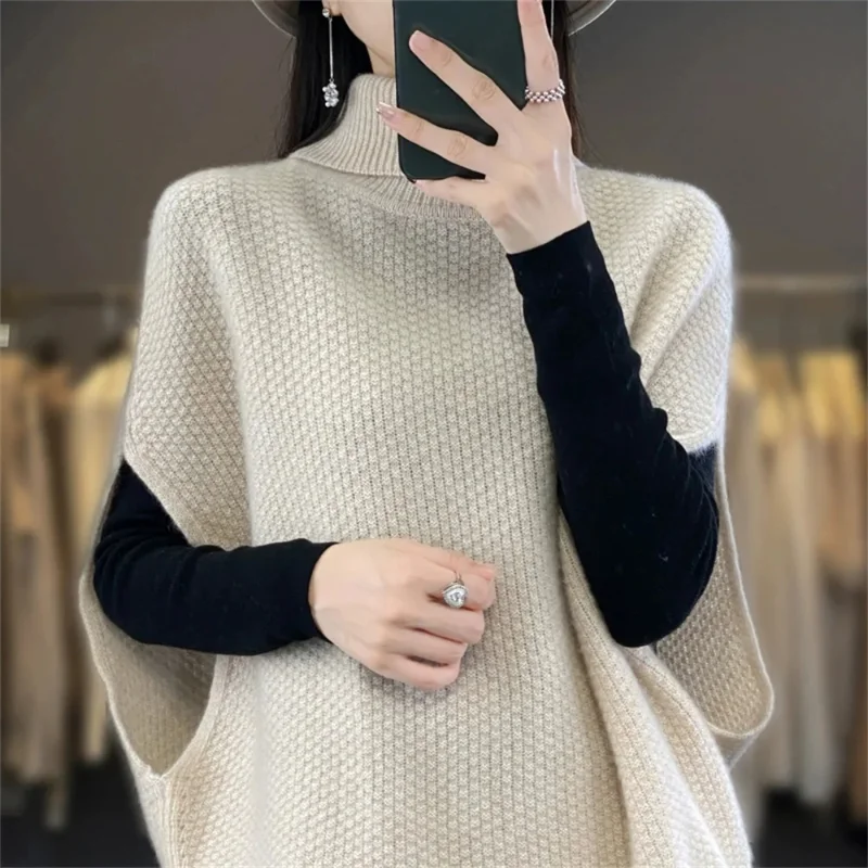 Women Batwing Sleeve Sweaters Knitting Vest Casual High Collar Elegant Solid Sweaters Loose Sleeveless Waistcoat Pullover
