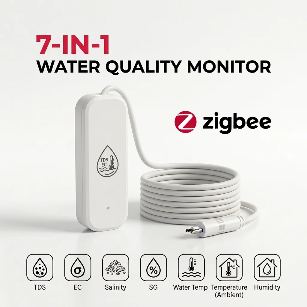 Zigbee 7-in-1 Water Quality Sensor TDS/EC/SG/Temp Salinity Detection for Swimming Pools, Aquariums, Drinking Water Testing
