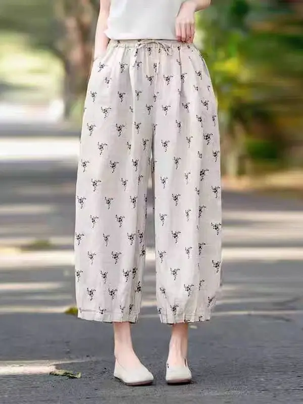 Japanse Sle Polka Dot Print Linnen Wijde Pijpen Broek Vrouwen Zomer Losse Luie Hoge Taille Afslanken Casual Negen Punt Katoen Lijn...
