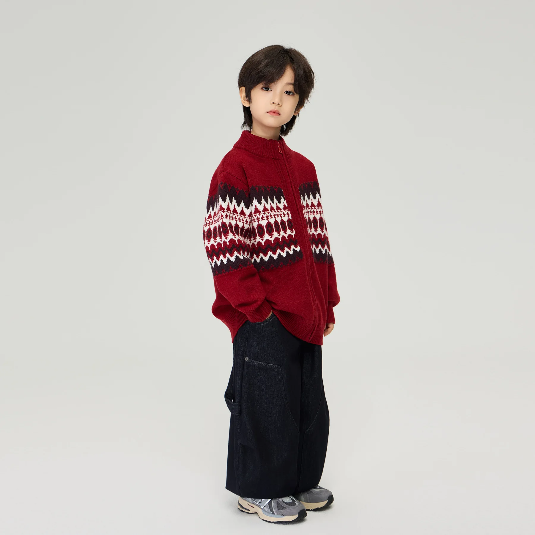 الخريف والربيع الأطفال الجديدة سنة جديدة سعيدة الأحمر عيد الميلاد محبوك سترة صبي وفتاة سترة سميكة الموضة