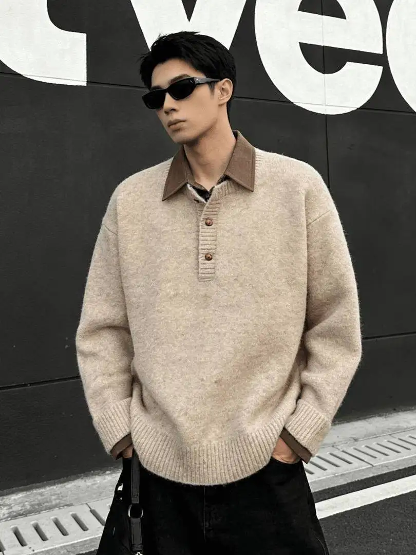 

Мужской осенне-зимний трикотажный свитер с джинсовыми вставками и воротником, повседневный, свободного кроя, из мягкого полиэстера, с длинным рукавом, модная внутренняя одежда