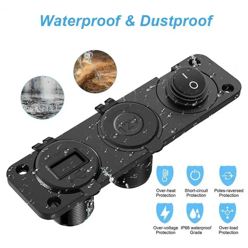 12V Socket Cig-are-tte Lighter Socket 3 in 1 Waterproof Car Dual QC3.0 USB Outlet Panel for RV Marine Boat Power Socket