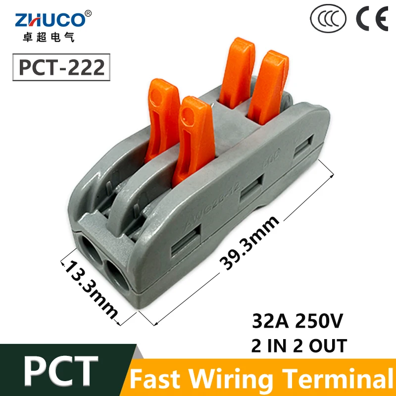 

5pcs PCT-222 32A 250-600V Copper 2 In 2 Out Construction Electrician Fast Wiring Terminal Quick Connector Branch Line Connection