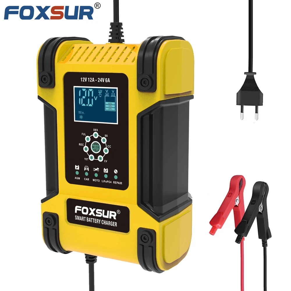 FOXSUR 12V 24V 12A 7-stage Battery Charger, Lead GEL STD AGM Car Motorcycle Battery Charger, Pulse charge Maintainer Desulfator