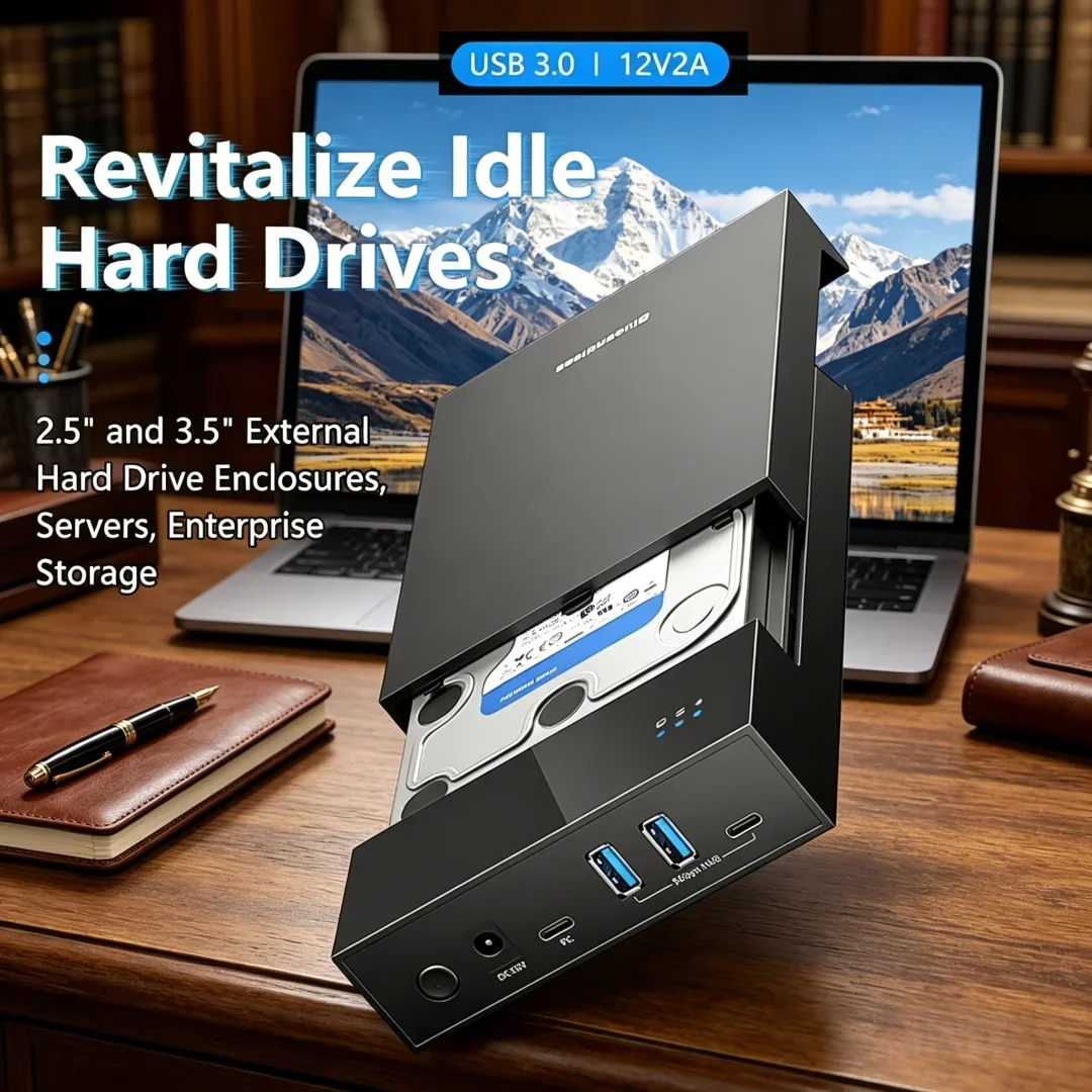 Exquisite 2.5/3.5 HDD/SSD Enclosure with USB3.0 HUB Support 18TB TYPE C TO SATA Adapter Tool Free HDD Case with 12V Power