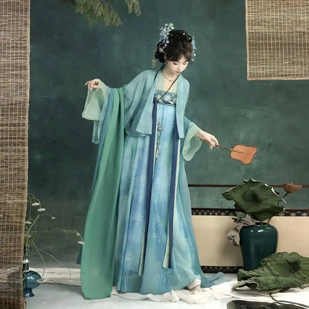 

Hanfu Women's Tang Style Front-Opening Shirt Famen Temple Qi Chest Skirt Cape New Summer Fresh Five-Piece Set
