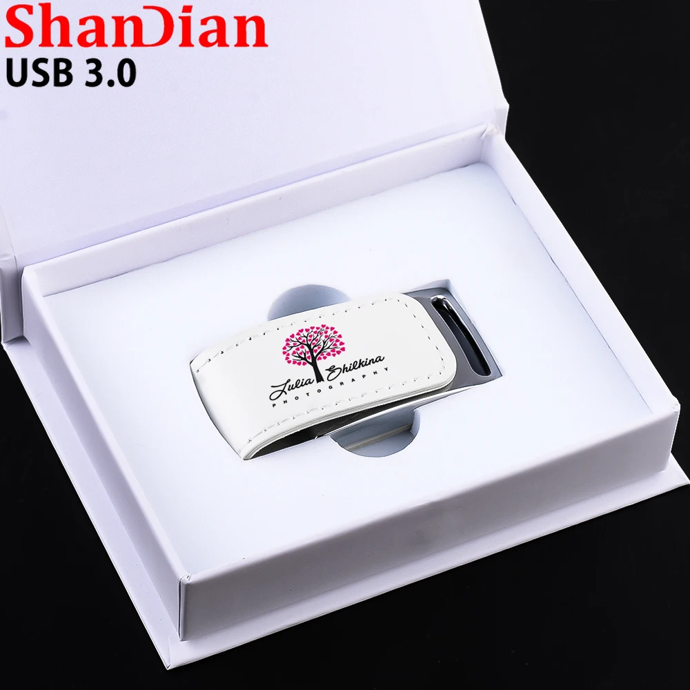 10PCS/LOT USB 3.0 Flash Drive Free Custom Logo Leather Memory Stick White Box Pendrive 128GB 64GB Color Printing Wedding Gift