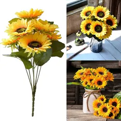 1 mazzo 7 teste girasoli artificiali 29cm arbusti Bouquet di fiori finti per giardino libreria Wedding Cafe Store Party Decor