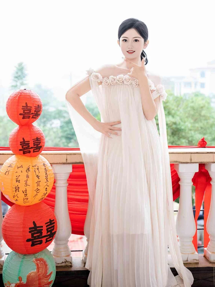 

Bride Morning Robe Women's Wedding Dr 3D Flower Embellied Floor Length Gown Sweet Sle ort Sve High Waist