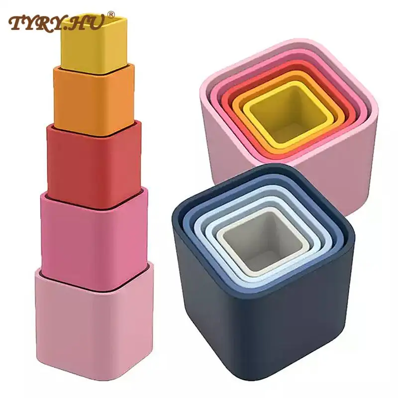 Silicone Building Block Baby Silicone Teether BPA Free Stacking Cups Hourglass Toys Plastic Stacked Cups Baby Educational Toys