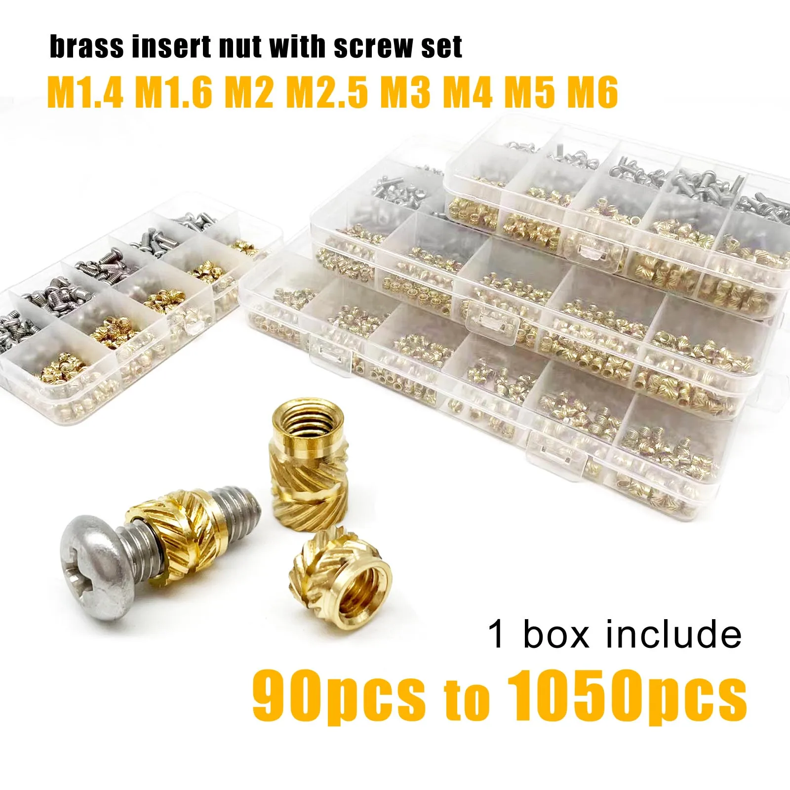 Kit de vis et écrous à insérer M1.4 M1.6 M2 M2.5 M3 M4 M5 M6 en laiton et cuivre, à filetage moleté sergé, pour injection thermofusible et impression 3D