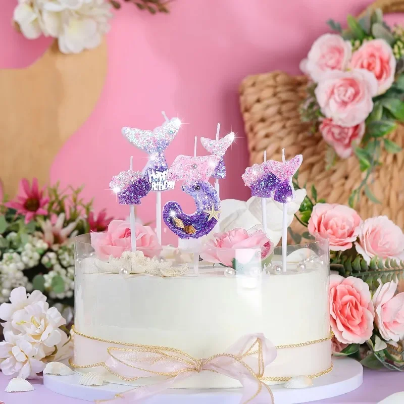Mermaid Number Candles  Glitter Cake Toppers for Girls Birthday Party Under The Sea Decorations Princess Themed Celebration image 3