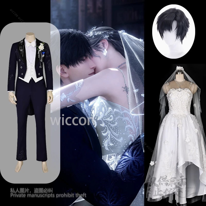 

Zayne Cosplay Costume Game Love And Deepspace Wedding Black White Suit MC Dress Wig Halloween Couple Party