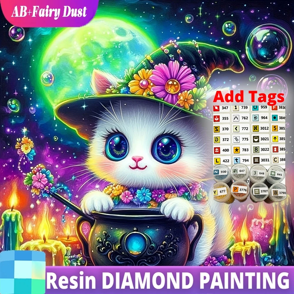 Resin Fairy Dust AB DIY Diamantmalerei Katze Mond Mosaik Cartoon Tier 5D Vollbohr-Stickerei Kätzchen Magisches Bastelzubehör
