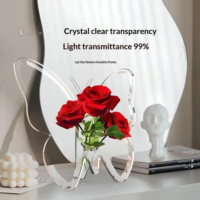 [H] Clear Acrylic Butterfly Shaped Vase High Transparent Finish For Home Hydroponic Flower Display Decor