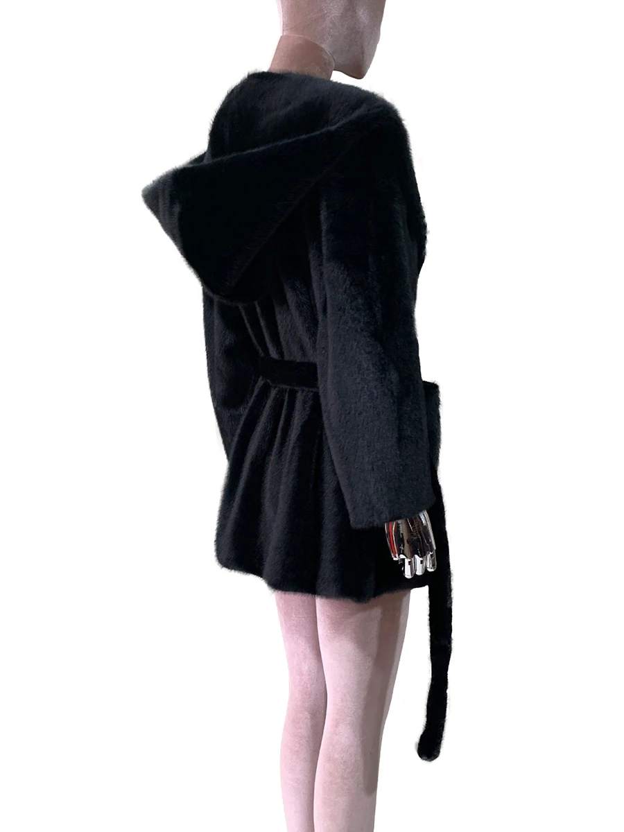 Autumn Winter Warm Thick Soft Faux Mink Fur Coat Women with Hood Sashes Elegant Chic Luxury Designer Clothes Fluffy Jacket 2025