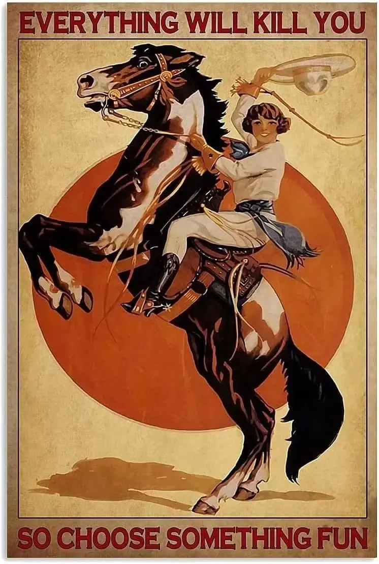 Horse And Western Cowboy Metal Tin Sign Female Knight Funny Poster Woman Cave Bar Living Room Kitchen Home Art Wall Decoration P