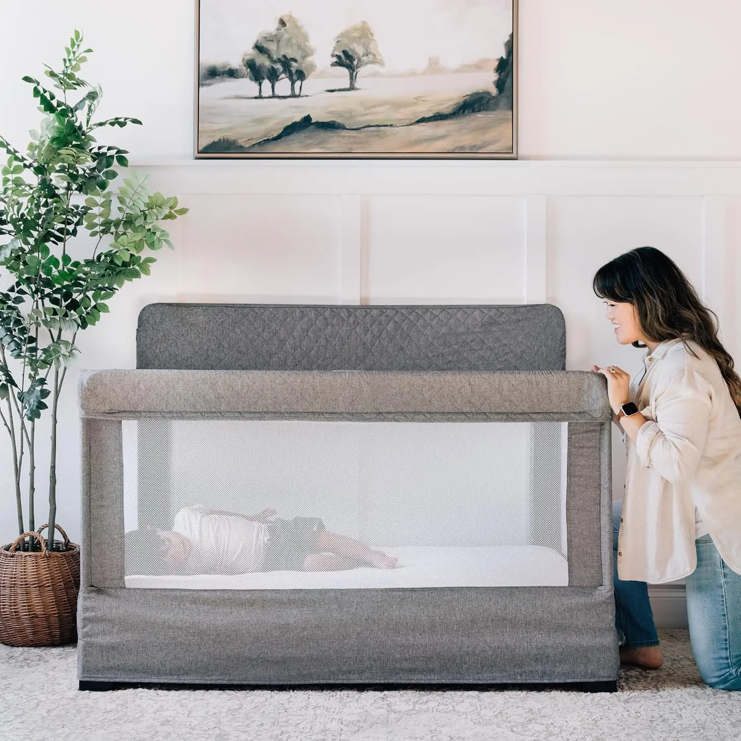 Full Size Breathable Mesh Baby Crib with Tool-Free Assembly, Charcoal Tweed Design for Nursery