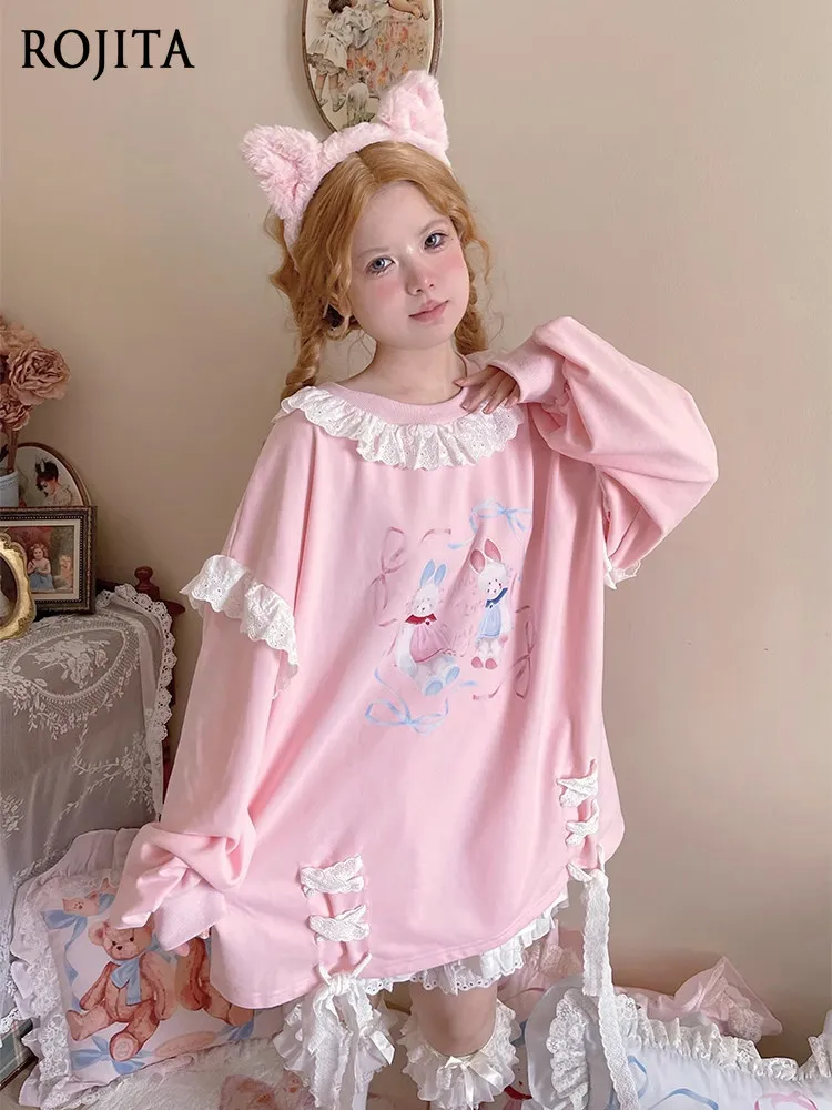 Sweet Lace Strap Sweatshirt Women's Spring and Autumn Pullover Kawaii Bunny Print Lace Up Sweatshirt Ruffle Collar Oversized Top