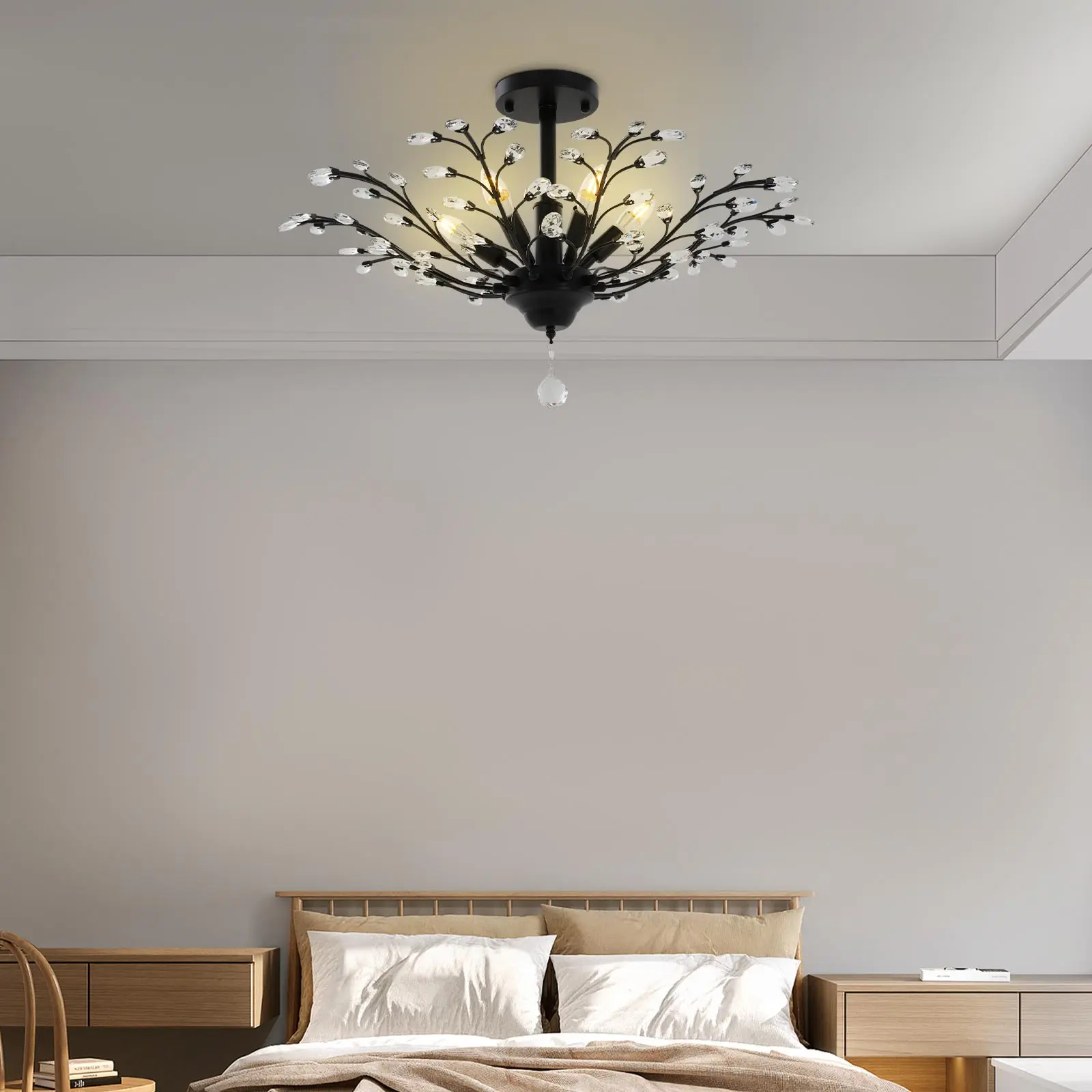 ضوء قلادة كريستال أسود، مصباح معلق فروع 5 * E12 مثبت على السقف 79 * 30 سم للصوفات وغرف المعيشة