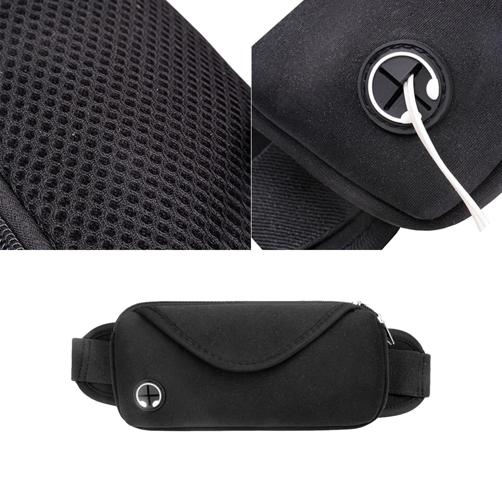 

Black Outdoor Waist Bag Running Hiking Travel Small Portable Lightweight Cloth Zipper Design Earphone Hole Hands Free Storage