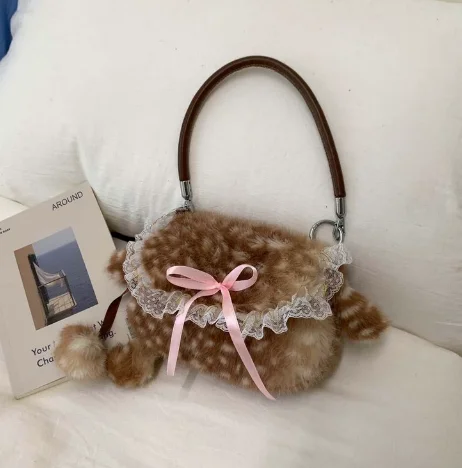 Cute Plush Deer Spot Pattern Handbag Ins Kawaii Commuter Bag Women's Faionable Versatile oulder Bag Autumn Winter New Arrival