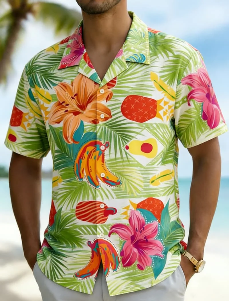Men's Fun Geometric Tropical PrintShirt, Versatile Casual Wear for Daily Commute, Office Casual, Summer Vacations & Beach