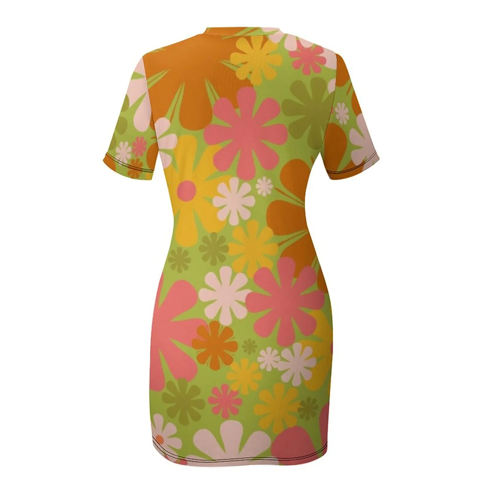 Retro 60er 70er Jahre Ästhetisches Blumenmuster Limettengrün Rosa Gelb Orange Kurzarmkleid Lila Kleid Ballkleider Kleid