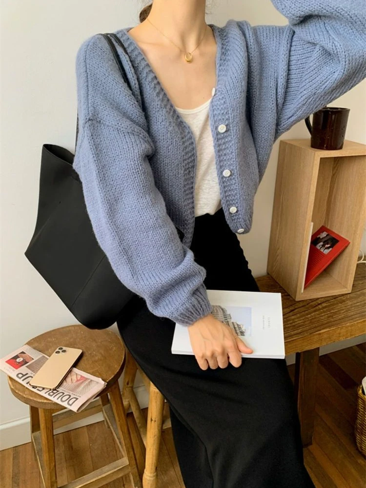 

Solid Cropped Cardigans Women All-match Autumn Simple Fashion Sweet Vintage Young Girls Tender Temperament Loose Ins Korean Chic