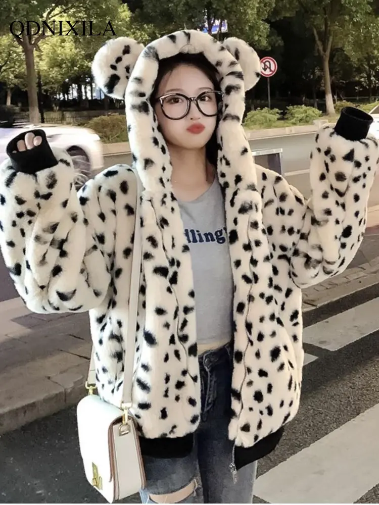 Faux Fur Coat Winter Coat for Women Imitation Rabbit Fur Leopard Pattern Spot Hooded Thickened Bear Ears Cute Jackets Top Women