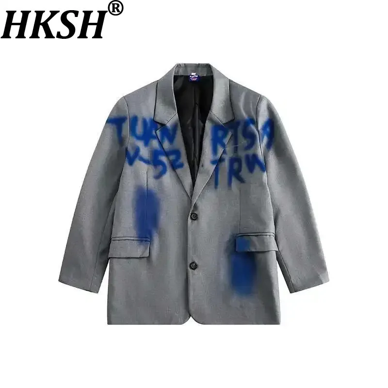 

HKSH весна осень новая куртка с граффити с зубцами средней длины повседневный кардиган пальто мужской прилив пиджак женская мода шикарная верхняя одежда HK0402