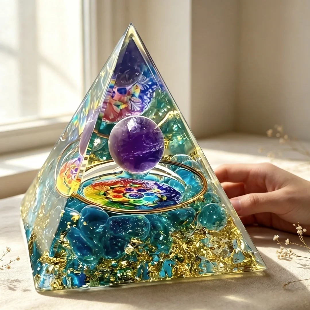 Pyramide d'orgonite en améthyste naturelle 7 chakras, pyramide de cristal de guérison énergétique Reiki pour l'équilibre spirituel, ornement de méditation yoga