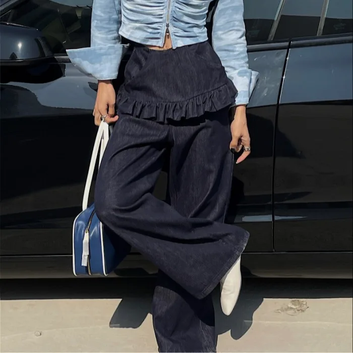 

Deep Blue Straight Leg Jeans with Ruffle Skirt Design Korean Sle Women's Faion Spring Autumn Winter Casual Jeans