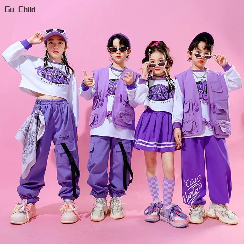 Hip Hop Girls Crop Top Skirts Purple Clothes Sets Boys Jazz Vest Sweatshirts Street Dance Cargo Pants Children Kids Streetwear