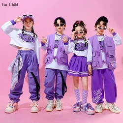 Conjunto de ropa de Hip Hop para niños y niñas, Top corto, faldas, chaleco de Jazz, sudaderas, pantalones Cargo de baile callejero, ropa de calle púrpura