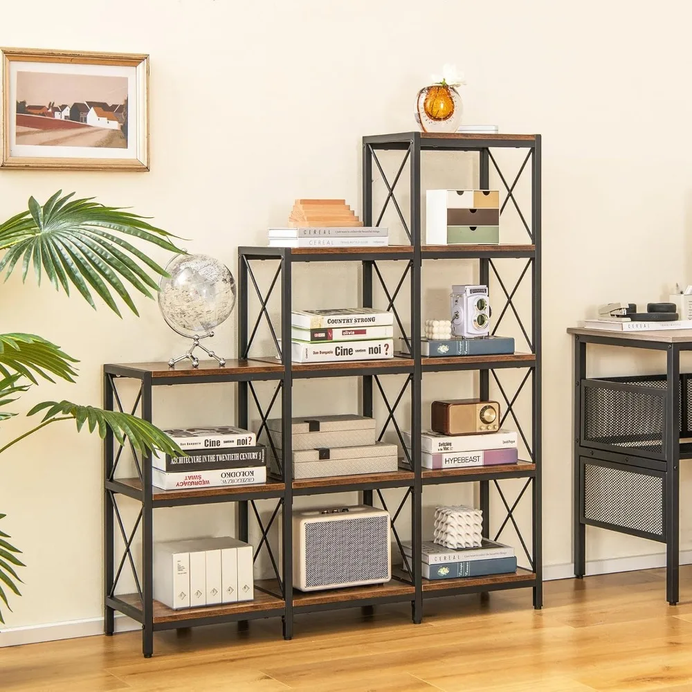 9 Cubes Bookshelf, 5-Tier Stepped Bookcase w/Carbon Steel Frame, Anti-Tipping Kits & Adjustable Foot Pads