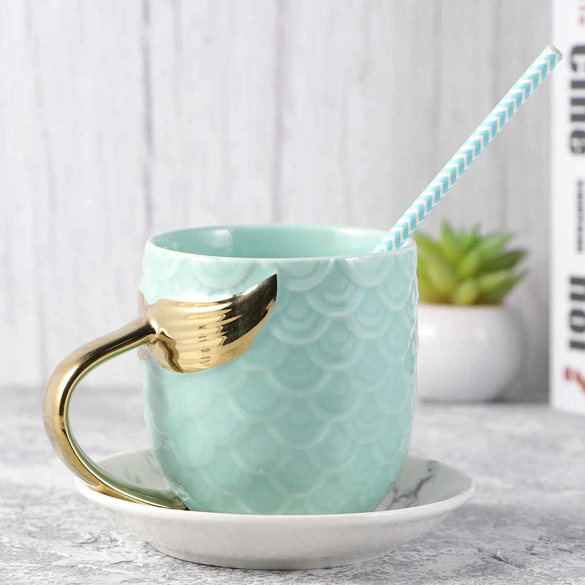 

Pearl Gold Mermaid Tail Ceramic Coffee Mug Sky-Blue Easy Grip Handle Perfect for Hot Cold Drinks Birthday Holiday Gift