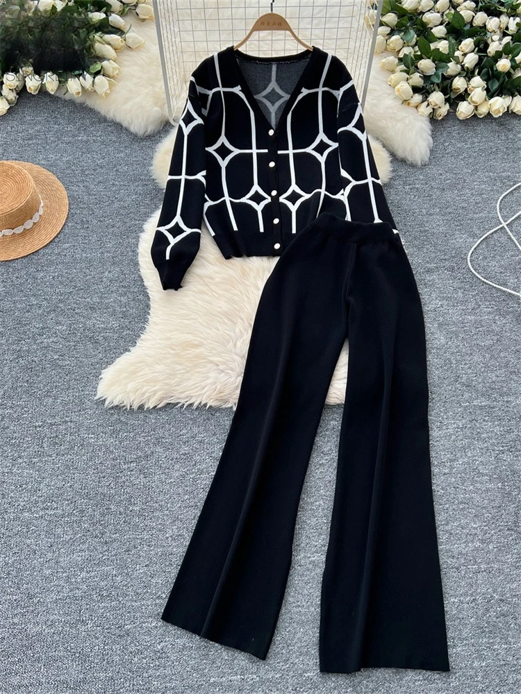 Basics Print Knit Two Pieces Sets Autumn Winter Single Breasted Cardigan+Wide Leg Long Pants Fashion Streetwear Suits