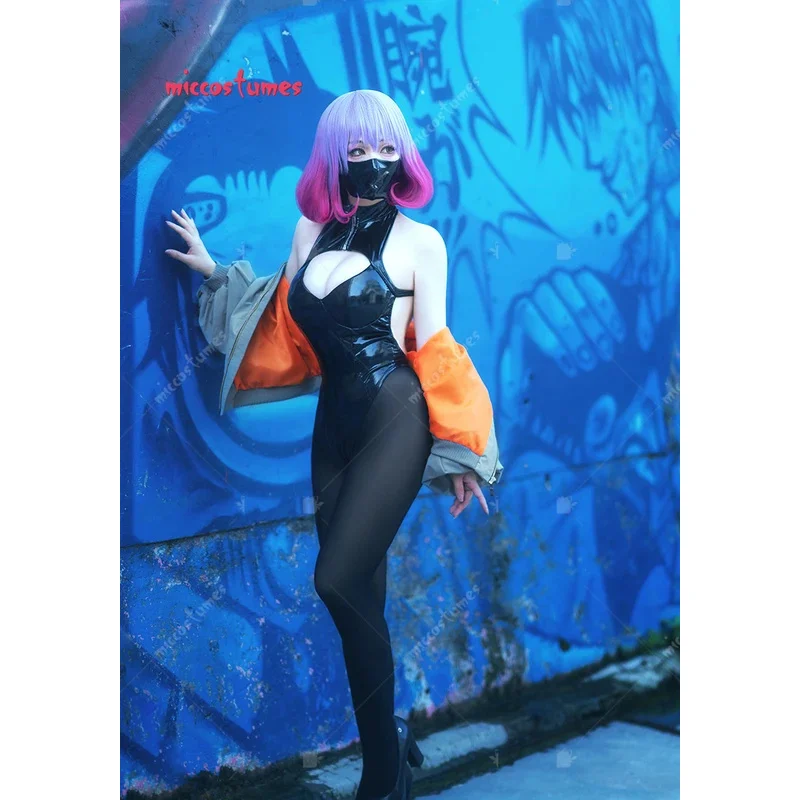 

Fullset Women Luna Cosplay Costume Black Bodysuit with Coat Stockings Face Covering and Wig