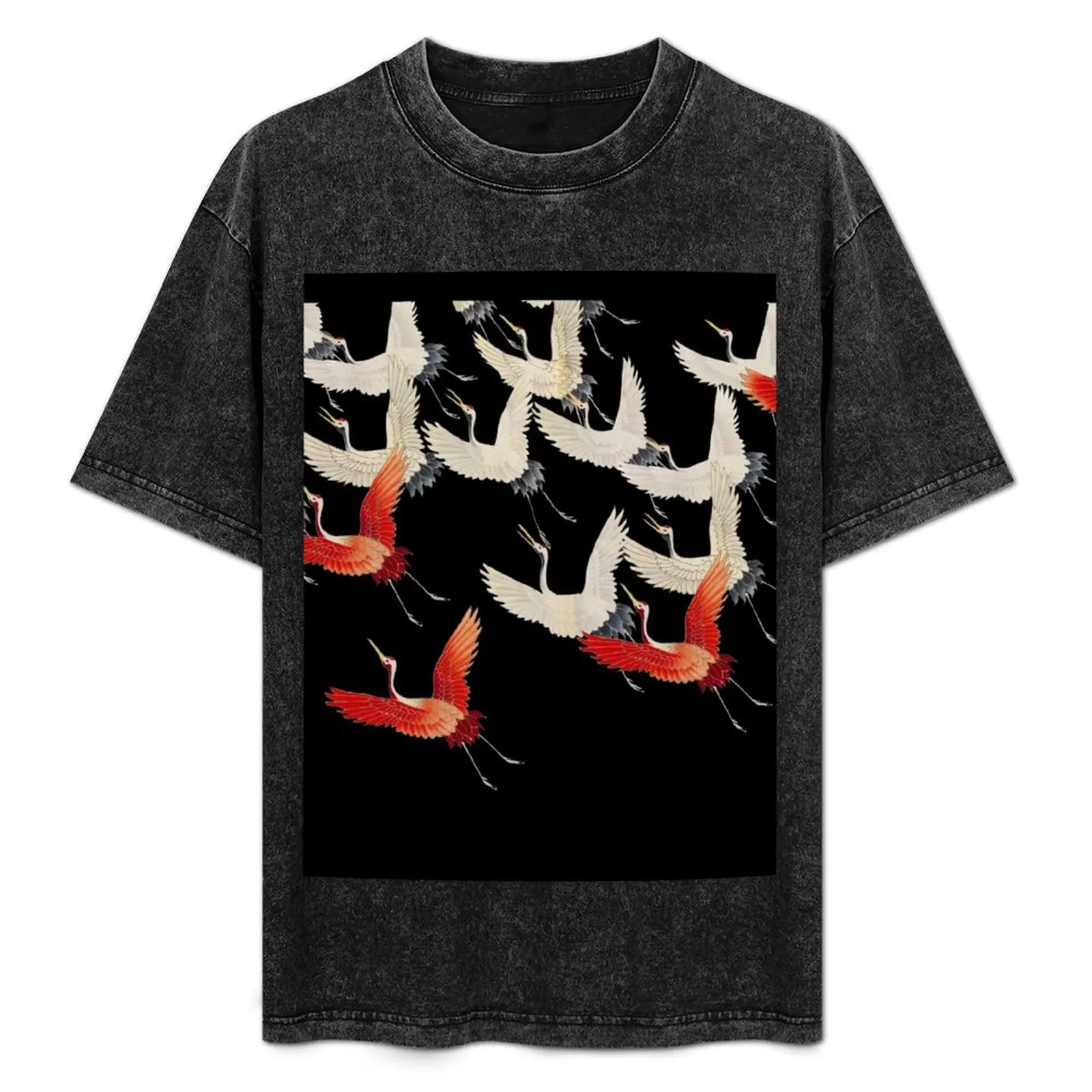 

FLYING RED WHITE CRANES IN BLACK Japanese Pattern T-Shirt Moisture Wicking Athletic T-Shirt