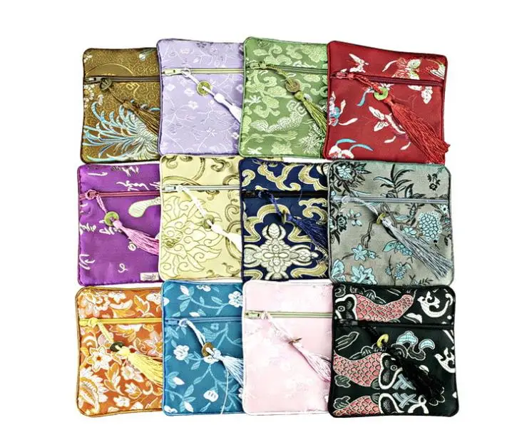 200Pcs 11.5X11.5cm Chinese Silk Brocade Coin Purse Embroider Jewelry Storage Bag Zipper Wallet Pouch SN4029