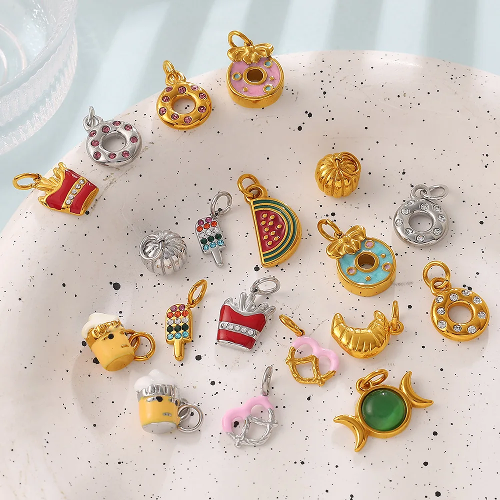Stainless Steel Food Pendant Cute Enamel Donut Ice Cream Hamburger Charms DIY Jewelry Making Findings Modular Bracelet Necklace