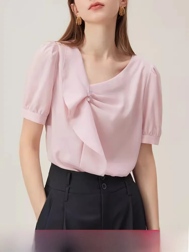 

V-Ne Bubble Sve irt Women's Summer New Design Sensation Floral Lace Trim irt Skin-Friendly Breathable Polyester Fiber