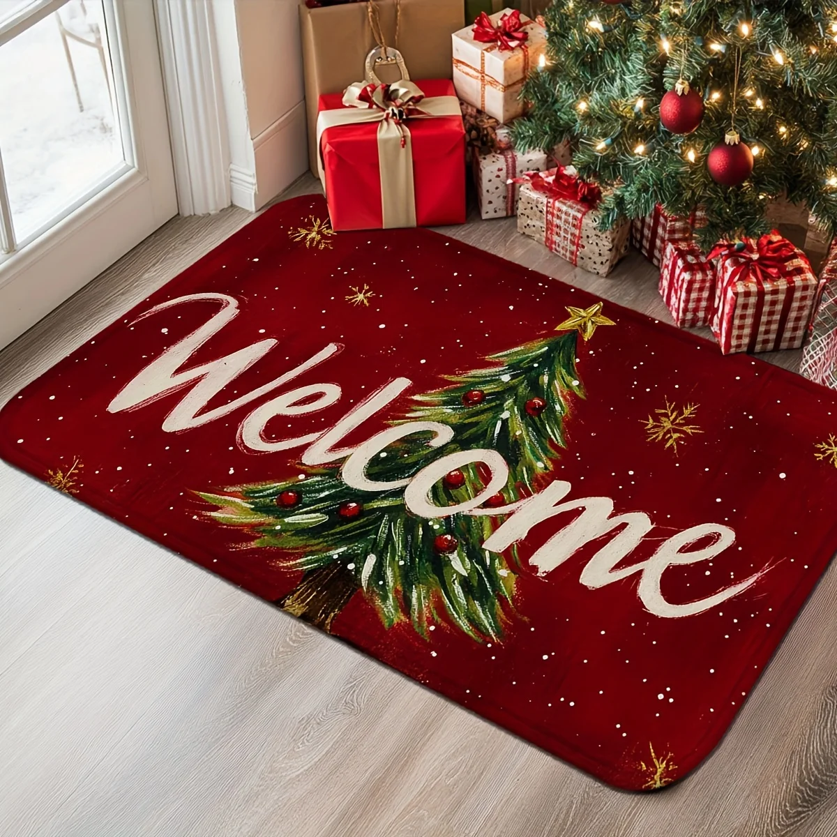 Christmas Welcome Doormat Festive Tree and Snowflake Designbathroom Non-silp Rug Suitable for Livingroom Decorate Accessory Pads