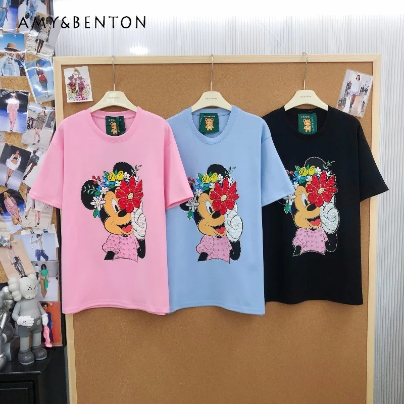 

Модная футболка с цветочным мультяшным принтом в стиле кавайи, одежда Y2K, свободный крой, круглый вырез, короткий рукав, с обильной вышивкой бисером