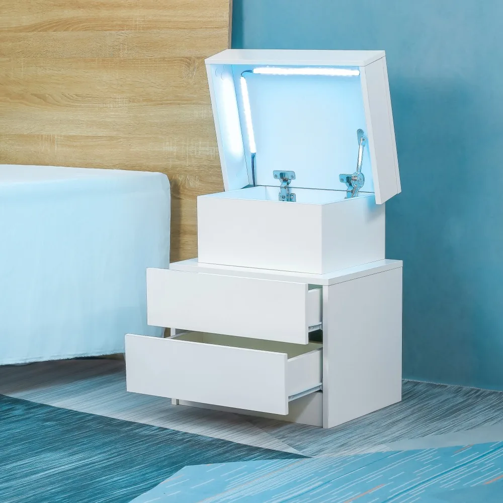 

LED Nightstand, Modern White End Table with Led Lights Wood Led Bedside Table Nightstands with 2 High Gloss Drawers for Bedroom