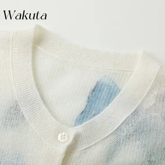 WAKUTA American Classic Round Neck Long Sleeve Simple Jumper Floral Jacquard Embroidery Knitted Sweater Vintage Knitted Cardigan