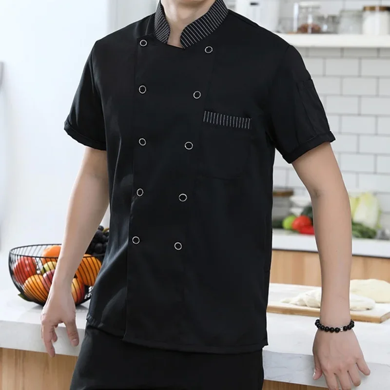 Chef Jacket Short Sleeve Black White Men Women Kitchen Cook Coat Unisex Restaurant Waiter Uniform