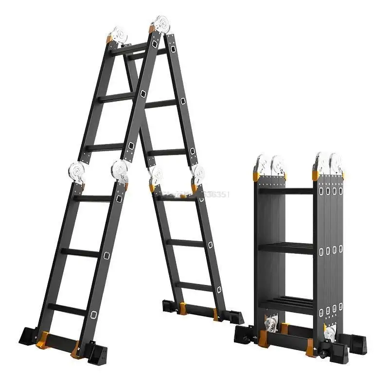 Multi-purpose Folding Ladder Aluminum Alloy Telescopic Ladder Engineerin Herringbone Ladder Thicken 4mm Straight Ladder 3.7m