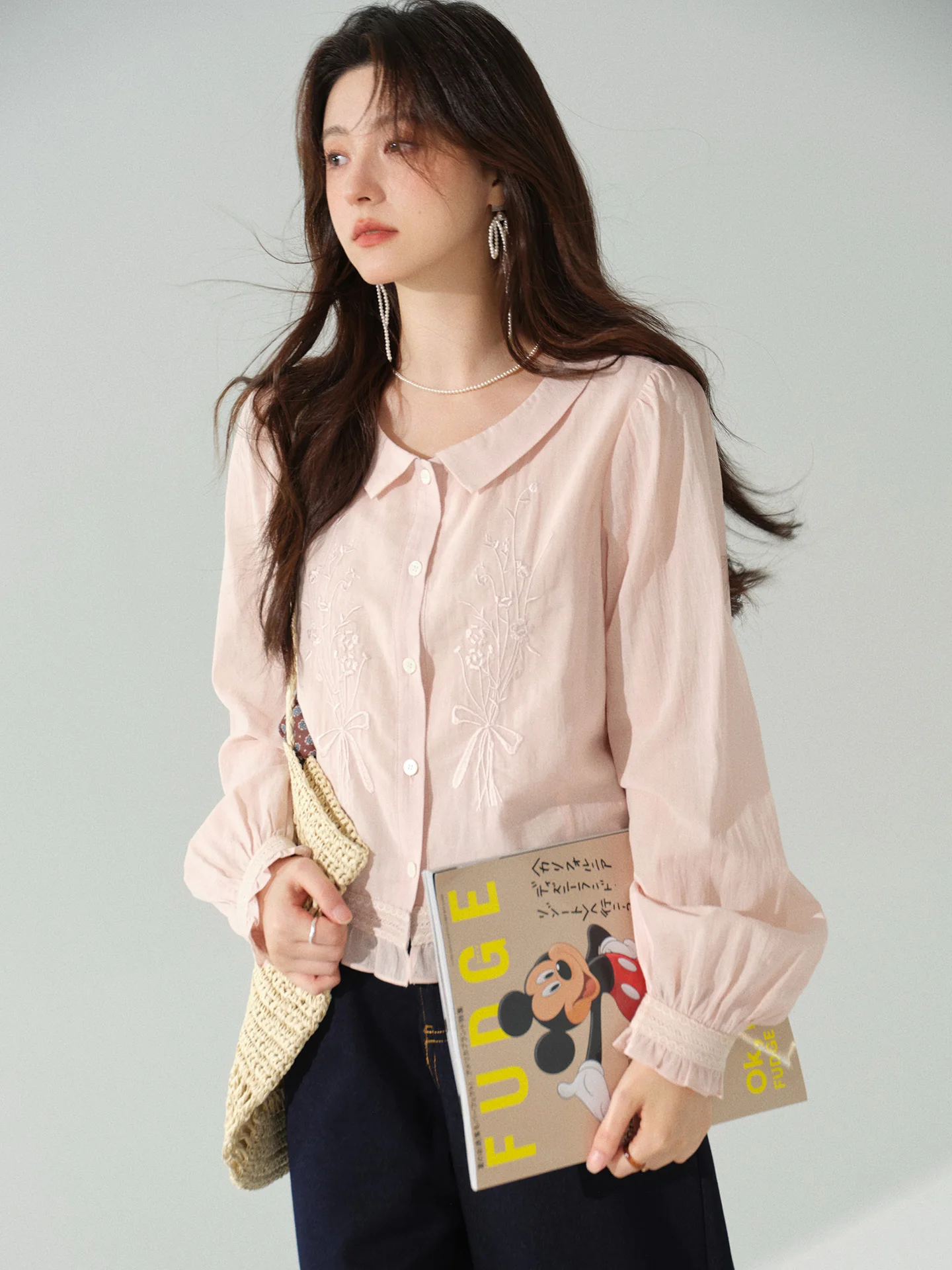 Franse geborduurde blouse voor dames herfst shirt met lange mouwen zoete ruches top elegante button-down casual outfit dagelijks gebruik